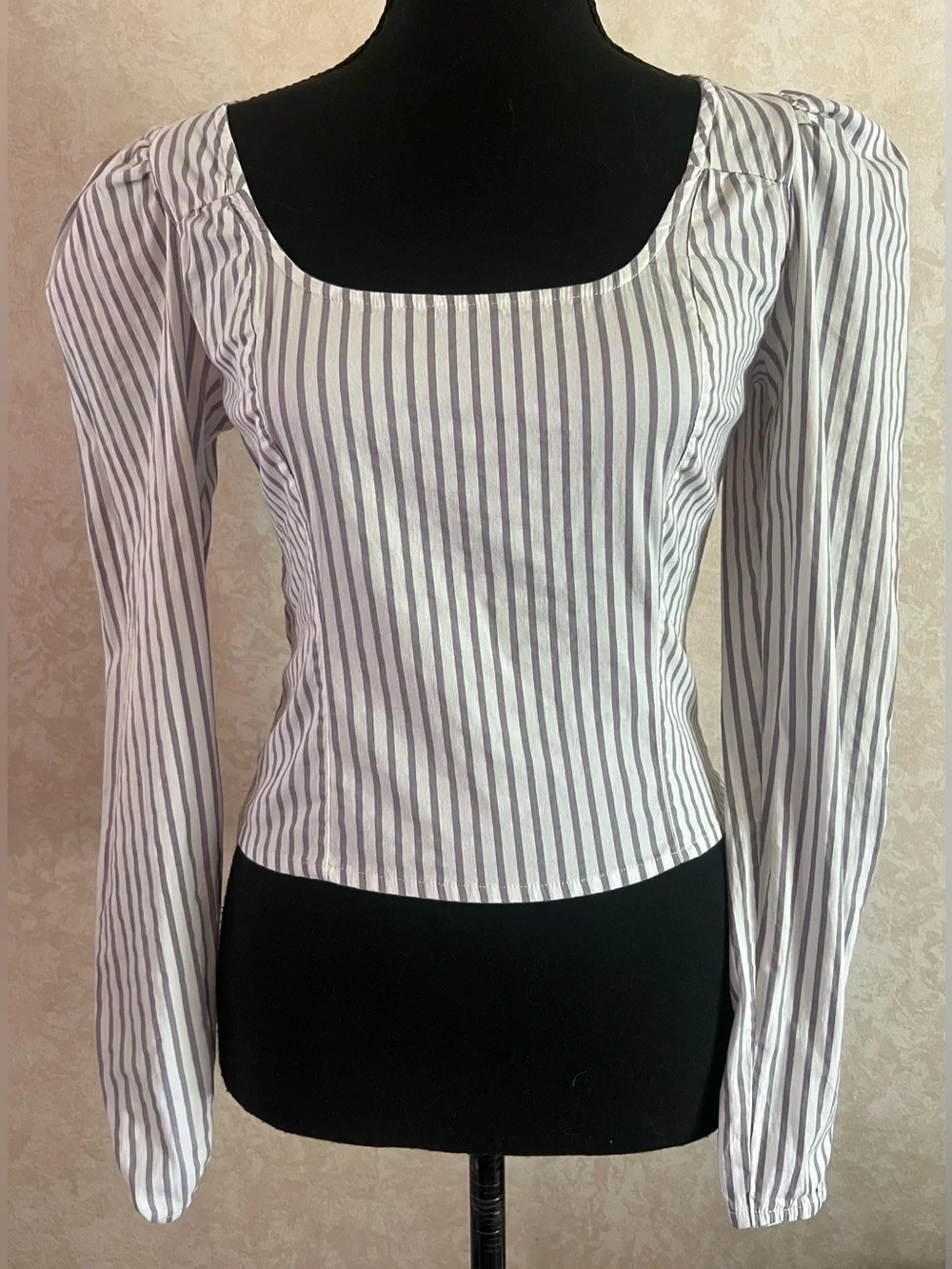 Free People Striped Square Neck Long Sleeve Top - White and blue/grey
